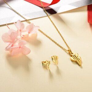 Gold Cactus Necklace and Earrings Set | 316L Stainless Steel Desert Jewelry